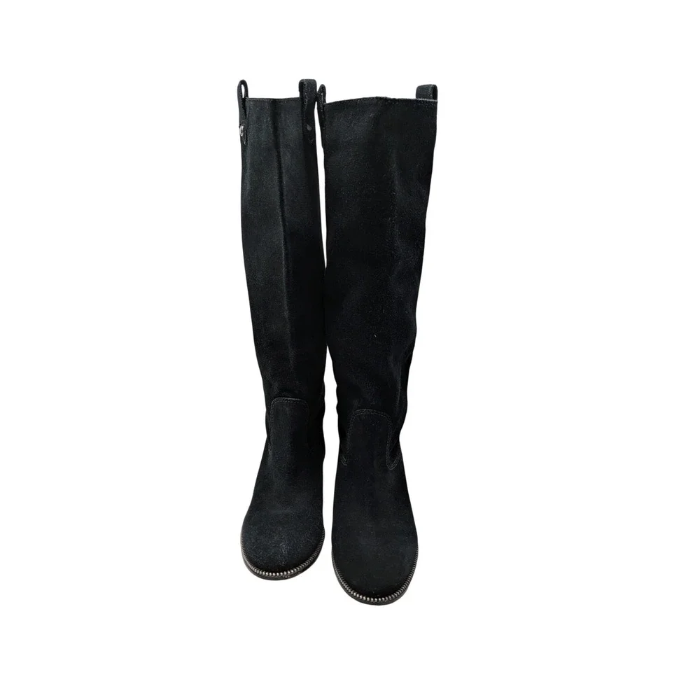 Michael Michael Kors Black Suede Tall Boots Silver Chain Trim Womens 6M